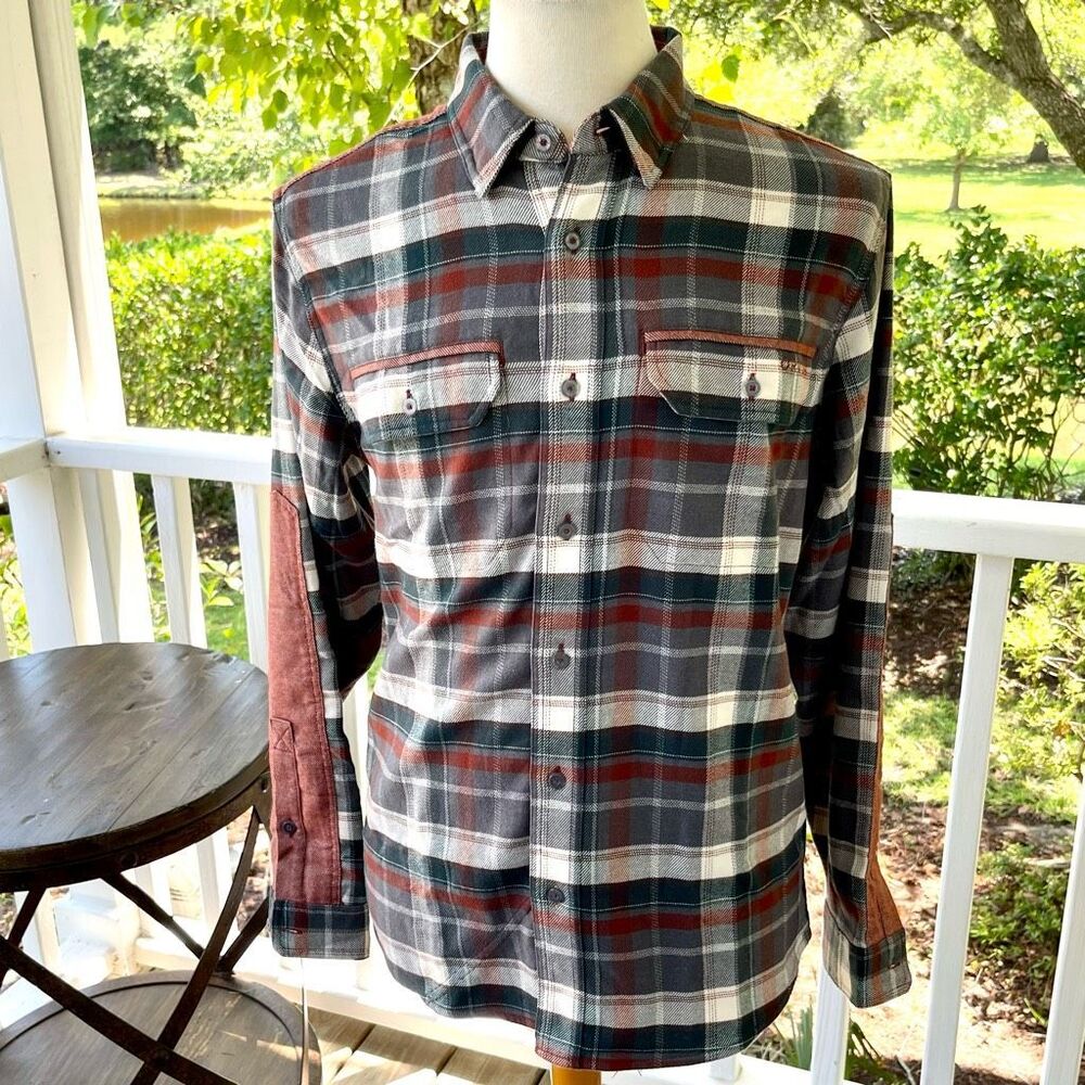 Orvis Flannel Shirt with contrasting color block sections.